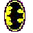 Four pixelated Batman symbols in yellow and black with purple outlines, arranged in a on gray background