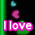 Pixelated buddy icon with pink "I love" text, green "klyer!!" text, and a white heart symbol on black background with floating hearts.