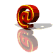 Red @ symbol with yellow outline rotates in 3D space against gray background, showing multiple angles with reflection below.