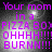 Purple pixelated text on a dark gray background with bright white light spots, repeating 'Your mom in a PIZZA BOX OHHHH!!!! BURNN!!!' across four