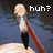Pixelated image of a figure with light skin, white shirt, black pants, and red cape standing on a platform against blue background with text "huh?" in top right.