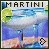 A pixelated martini glass with a lime wedge, blue liquid, and brown base on a beach background under the text MARTINI.