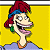 Pixelated cartoon character with red hair and blue streak on yellow background next to green text reading "Original Icons .com" in pixel art style.