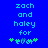 Blue background with cyan text reading 'zach and haley for' above green plus signs flanking a central pixelated symbol.
