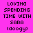 Pixelated text reads 'LOVING SPENDING TIME WITH SARA (doogy)' on four distinct background colors: bright pink, light purple, cyan blue, and dark purple.