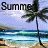 A beach scene with palm trees, ocean waves, and a bright sky transitions from static text to animated motion.