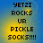 Blue and yellow gradient background with pixelated text reading YETZI ROCKS UR PICKLE SOCKS!!!! in four identical