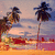 Pixelated beach scene with palm trees, ocean, and sand under a pinkish sky, showing animation changes in tree positions and background colors.
