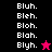 Pixelated text list with 'Bluh.', 'Bleh.', 'Bloh.', 'Blah.', 'Blyh.' on black, magenta, and pink backgrounds featuring a star icon.