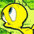 Yellow cartoon character with large eyes and open mouth against green background, showing animation frames of head turning left to right.