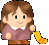 Pixelated cartoon character with brown hair, green eyes, and a pink dress holding yellow-orange striped object.