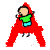 A 50x50 pixel animated buddy icon showing a stick figure character in two frames: first standing upright inside a red 'A' shape, then upside down within the same 'A' with altered facial features.