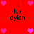 Red background with pink heart icons and black text reading 'i luv dylan' arranged in a pattern