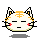 Two side-by-side pixel art frames of a white cat-like mascot with orange accents, closed eyes in the first frame and a slight smile in the second frame, both on a gray background with subtle drop shadows.