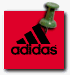Red square icon with black Adidas logo and text, green pushpin on top; grayscale soccer player images with green pushpins on top in surrounding
