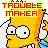 Pixelated yellow cartoon character with wide eyes and blue shirt, red text "TROUBLE MAKER" above head on white background.