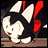 Pixelated anime-style character with black hair, white face, red lips, and red hair accessory on dark background with wooden floor.