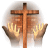 Six-frame animated contact sheet showing a wooden cross with glowing hands in various prayer poses against a gray transparency background.