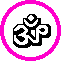 Three circular icons with pink borders display distinct symbols: a black Om symbol, blue 'aum' text, and red 'om' text on white backgrounds.