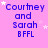 A static image with a pink background displays repeated text "Courtney and Sarah BFFL" in blue, surrounded by white stars.
