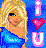 Pixelated cartoon-style icon of a blonde woman in blue top with pink 'I U' text and heart symbol on blue background.