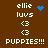 Brown background displays white text 'ellie luvs <3 <3 PUPPIES!!!' with blue pixelated heart and starburst icons above the text.