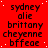 Red background with repeated black text : 'sydney alie', 'brittany', 'cheyenne', 'bffeae', and white dots scattered across the surface