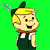 Pixelated cartoon character with blonde hair and a green cap, wearing a dark green outfit with white accents and a red collar, set against a bright green background.