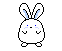 Pixel art bunny with closed eyes and blue inner ears stands next to a pixelated 'Welcome' text on gray background.