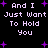 A 4-frame animated contact sheet showing repeated text "And I Just Want To Hold You" with purple starbursts on a black background, arranged in a 2x2 grid.