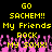 Yellow pixelated text on black background with pink crowd graphics, displaying repeated phrases and partial words.
