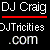 A 2x2 contact sheet of four animated frames showing pixelated text variations for a DJ Craig icon with red underline and website URL.