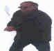 Animated sequence showing a person in dark clothing performing a dynamic pose with arms extended, transitioning to a group of people in formal attire standing in front of a building with trophies.