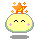 A yellow rounded character with closed eyes and pink cheek marks, topped by an orange star with small sparkles on the left side of its head.