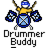 Pixel art contact sheet showing two animated frames of a drummer buddy icon with red text branding and gray background.