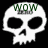 White skull icon with black eye sockets and nasal cavity on black background, green text above skull reading 'WOW' with smaller gray text below it.