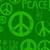 Green pixelated background with repeated peace symbols and Chinese characters, featuring cyan text reading Peace Love Smile in stacked arrangement.