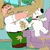 Animated cartoon character in green pants and white shirt holding a small white dog, with background elements shifting between frames.