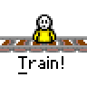 Pixel art animation of a train collision with cartoon characters, showing sequential destruction and scattered debris.