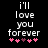 Black background with white pixelated text reading "i'll love you forever" and five pink heart symbols below, where the third heart shifts from dark purple to light pink between frames.