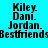 Pixelated text displays names Kiley, Dani, Jordan, and Bestfriends on a cyan background with black text and partial black overlays.