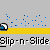 Animated sequence showing a blue and white object sliding across yellow horizontal bars with scattered blue dots on gray background, repeating text "Slip-n-Slide" below.