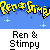 Animated contact sheet of Ren & Stimpy buddy icons showing multiple expressions and poses across 13 frames with a blue header banner reading "Ren & Stimpy" in yellow text.