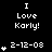 Pixelated text displays 'I Love Karly!' with date '2-12-08' and heart symbols, arranged in a pattern on black background