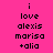 Pixelated text reads 'i love alexis marisa +alia' on four distinct background colors in a