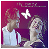 Two people in profile view smiling at each other with a white butterfly above them against a gradient background.