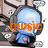 Blue cartoon character wearing headphones with orange text reading 'music is my life' over a background of musical notes and speech bubbles.