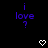Blue text 'i love ?' and white pixel hearts on black background with gray corner overlay.