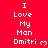 Red background with white pixelated text reading "I Love My Man Dmitri" and small heart symbols, arranged in a pattern