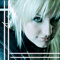 Pixelated close-up of a person with light-colored hair and dark clothing, framed by thin white lines against a blue background.